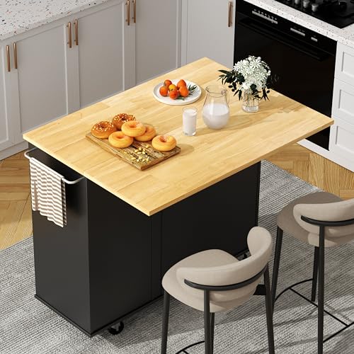 Shintenchi Rolling Kitchen Island Cart with Folding Drop Leaf Breakfast Bar, Portable Trolley Island with Large Storage Cabinet, Shelf and Drawer