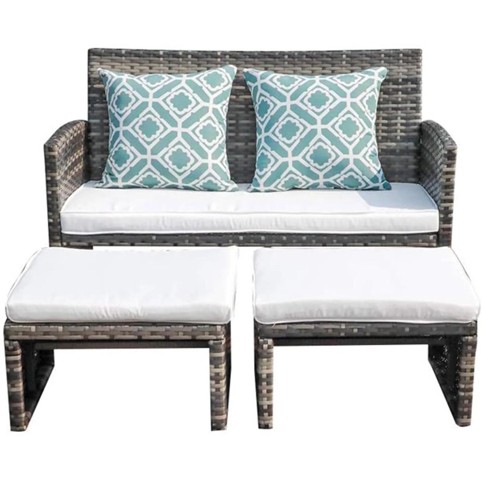 Outdoor Loveseat Patio Furniture Rattan Conversation Set with Ottoman, White Cushions, Grey Wicker, Pillows Included