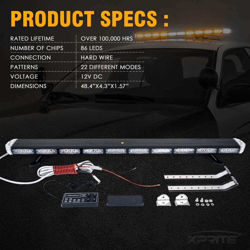 Xprite 48" Traffic Advisor White Amber Emergency Strobe Light Bar High Intensity LED Rooftop Warning Security Caution Lightbar w/Adjustable Brackets