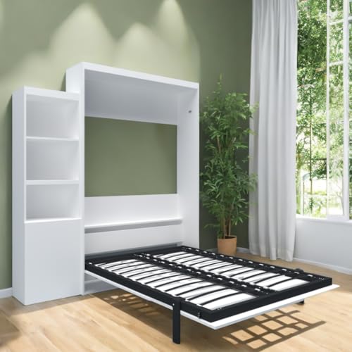 Full Size Murphy Bed Cabinet with Shelf and Drawers, Plywood Hidden Beds,Wall Bedframe for Bedroom,Space-Saving, Noise Free, White