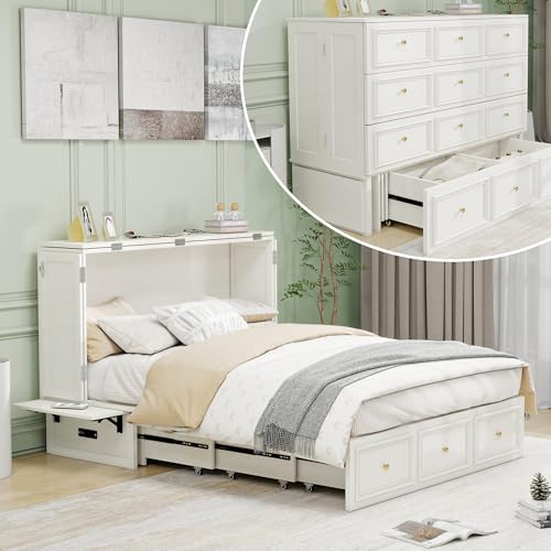 Murphy Bed Cabinet Full, Solid Wood Murphy Bed with 2 USB & 2 Charging Ports, Large Storage Drawer for Home Office or Small Space