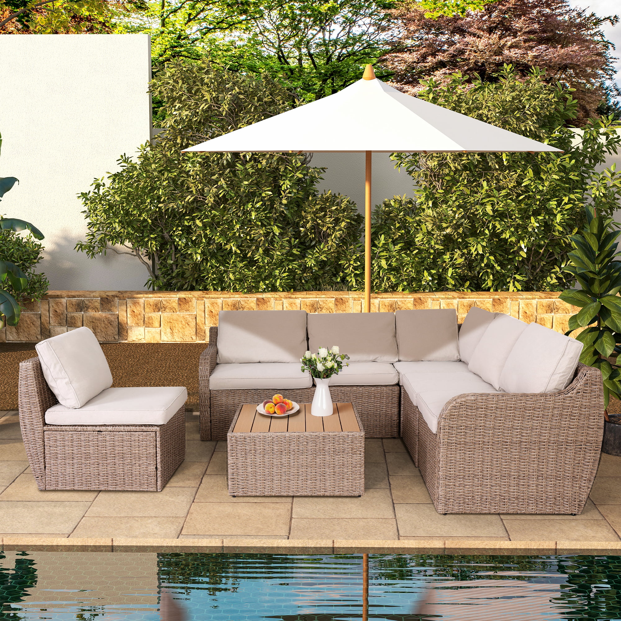 Homrest 7 Pcs Patio Furniture Set, Half-Round Rattan Outdoor Furniture with Cushion and Table, Khaki