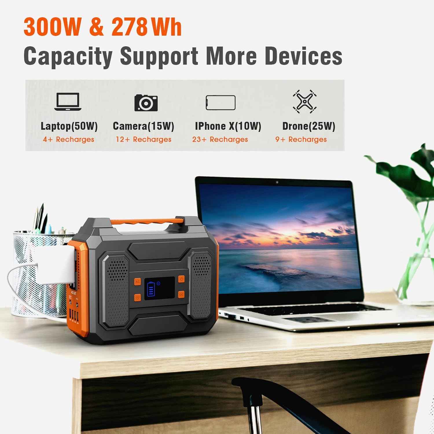 300W Portable Power Station, ZeroKor 110V/278Wh Rechargeable Battery Power Generator,Outdoor Power Supply with AC Outlet