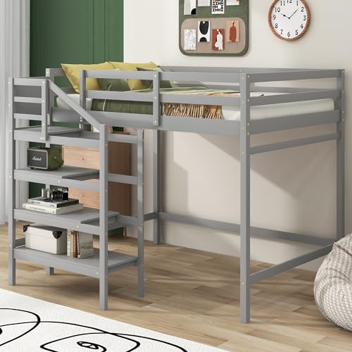 Harper & Bright Designs Full Loft Bed with Staircase and Storage Wardrobe, Wooden Full Size Loft Bed Frame with Storage Shelf