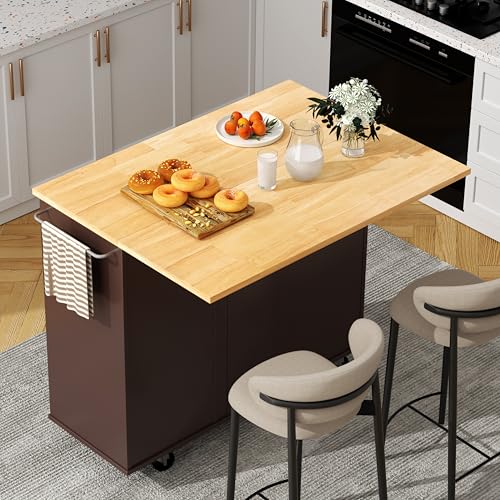 Shintenchi Rolling Kitchen Island Cart with Folding Drop Leaf Breakfast Bar, Portable Trolley Island with Large Storage Cabinet, Shelf and Drawer