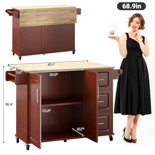 Rovibek Kitchen Island with Drawers 53 in Rolling Island Cart Mobile Solid Wood Portable Islands on Wheels with Storage Cabinet & Drawers, White