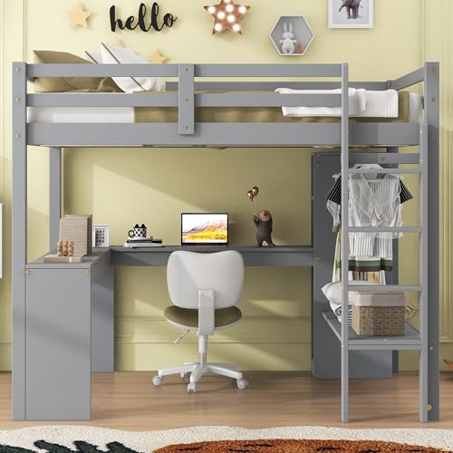 SOFTSEA Full Size Loft Bed with Desk & Wardrobe, Wood Loft Bunk Bed with Storage Shelves and Cabinets