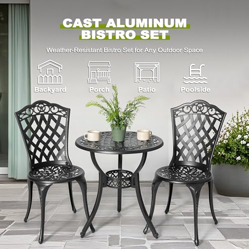 NUU GARDEN 3 Piece Bistro Set Outdoor, All Weather Cast Aluminum Patio Bistro Sets Patio Table and Chairs Set of 2 with Umbrella Hole for Yard
