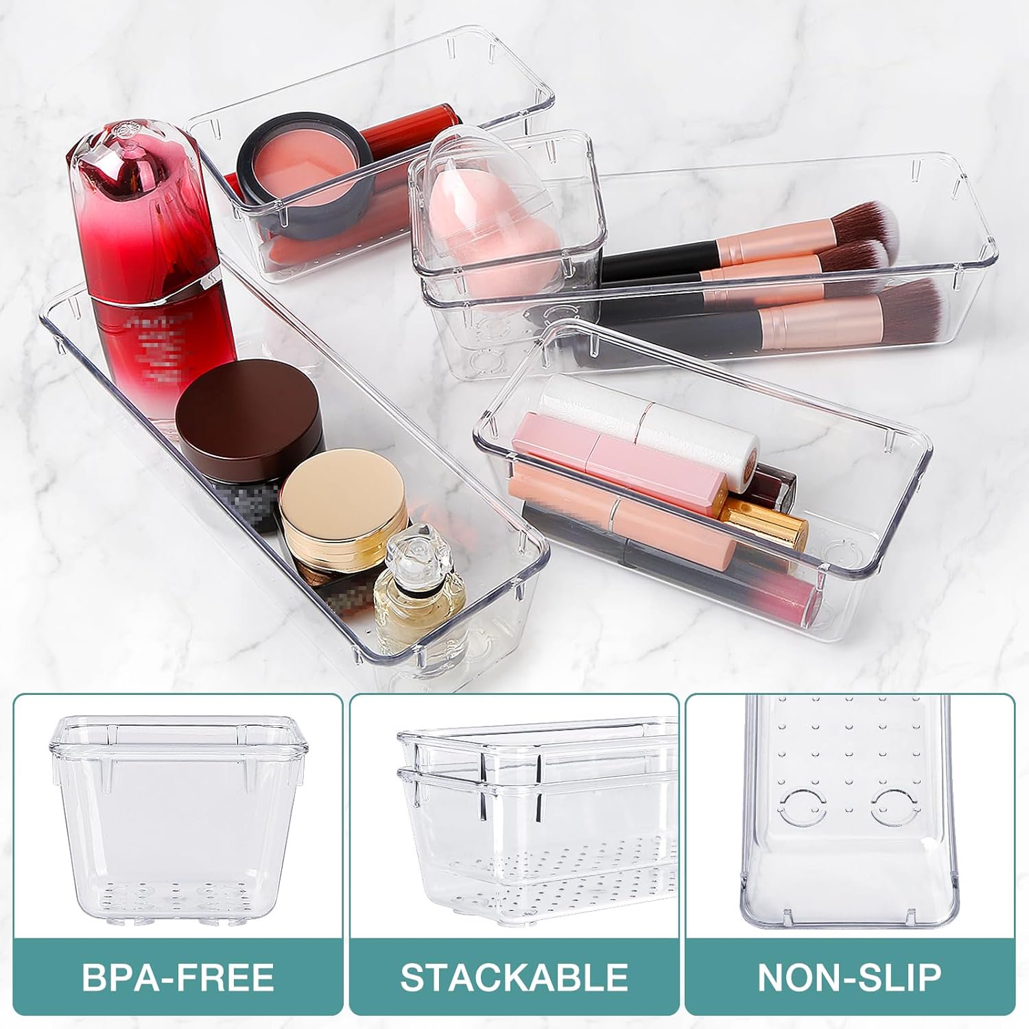 16 PCS Drawer Organizer Set, 5 Varied Size Bathroom and kitchen Drawer cabinet organizer Trays, Clear Storage Bins for Makeup, Jewelry