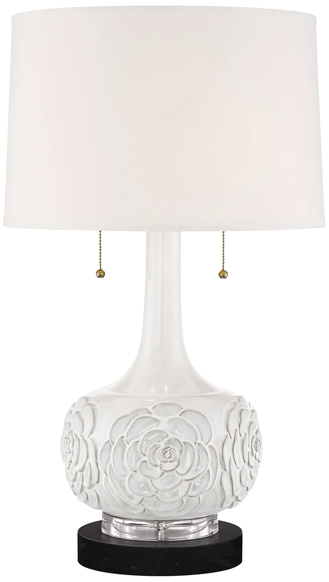 Possini Euro Design Natalia Country Cottage Table Lamp with Round Black Marble Riser 27" Tall White Floral Ceramic Drum Shade for Bedroom Living Room