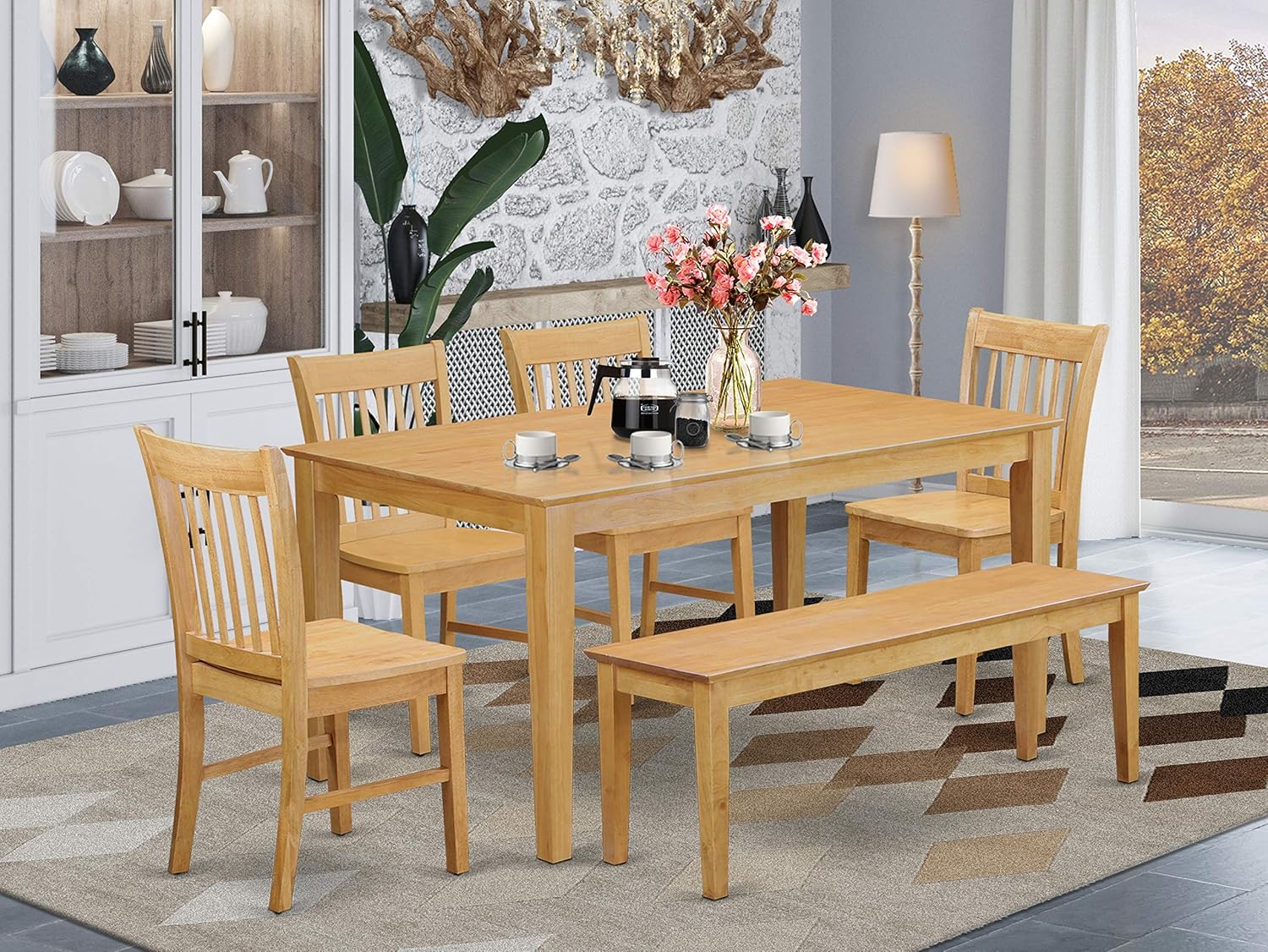 East West Furniture CANO6-OAK-C 6 Pc Wooden Set – 4 Dining Chairs with Linen Fabric Seat and Slatted Back-Rectangular Top and 4 Legs Dining Room