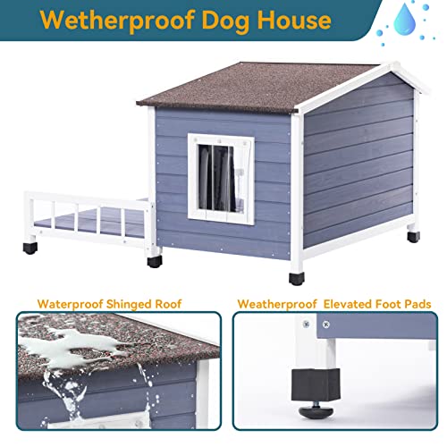 Outdoor Wooden Dog House,Waterproof Kennel with Deck and Sloped Roof,High Stability Pet Dog Cage for Small/Medium Puppy