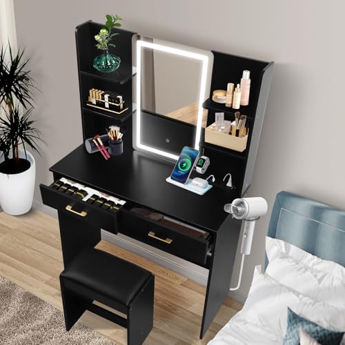 Vanity Set with Lights and Stool, Vanity Desk with Mirror and Lights，Vanity Power Outlet,Vanity Desk with Drawers