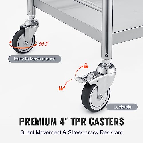 VEVOR Shelf Stainless Steel Utility Cart Catering Cart with Wheels Medical Dental Lab Cart Rolling Cart Commercial Wheel Dolly Restaurant Dinging