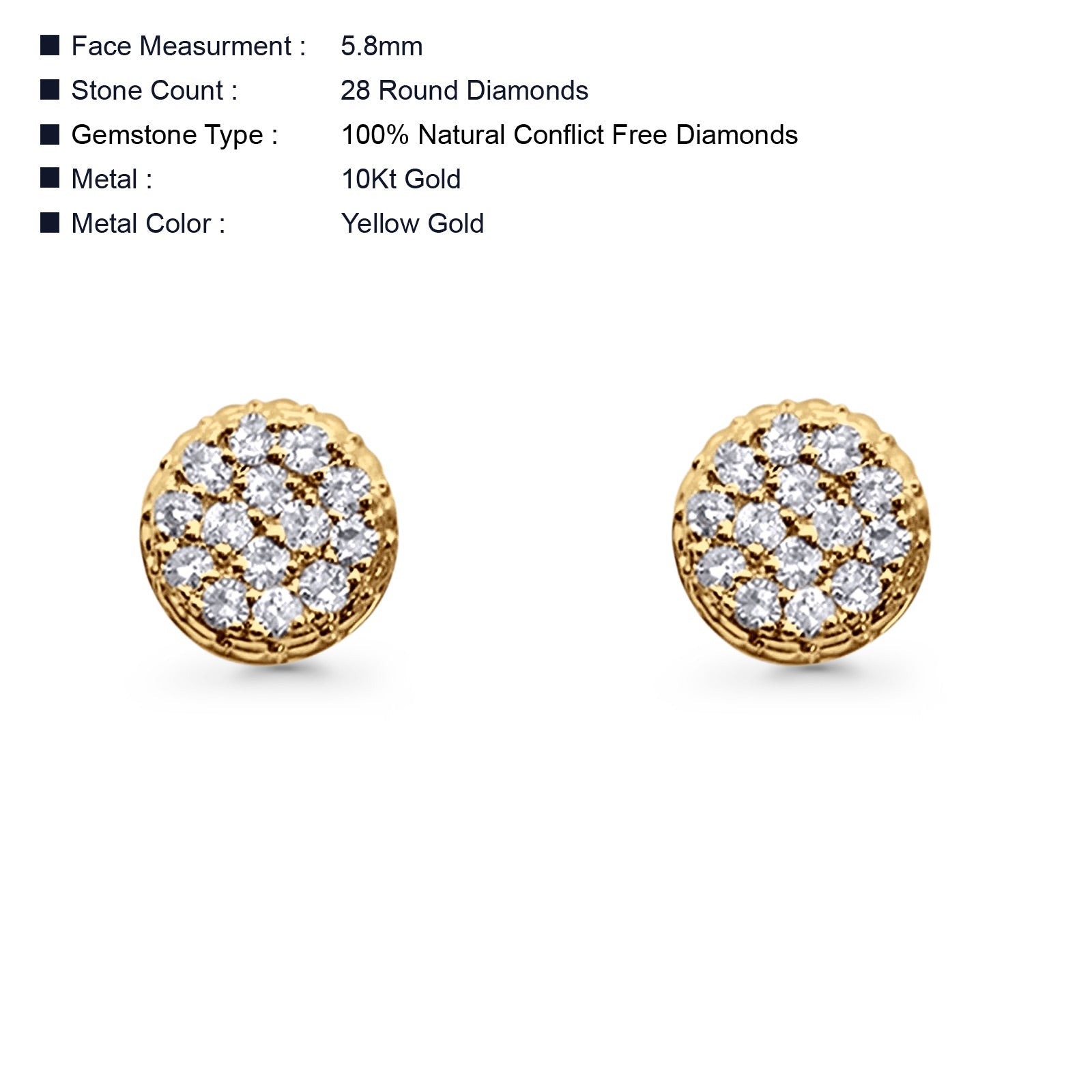 10K Yellow Gold 5.8mm Round Shaped Classic Diamond Stud With Push Back Earrings
