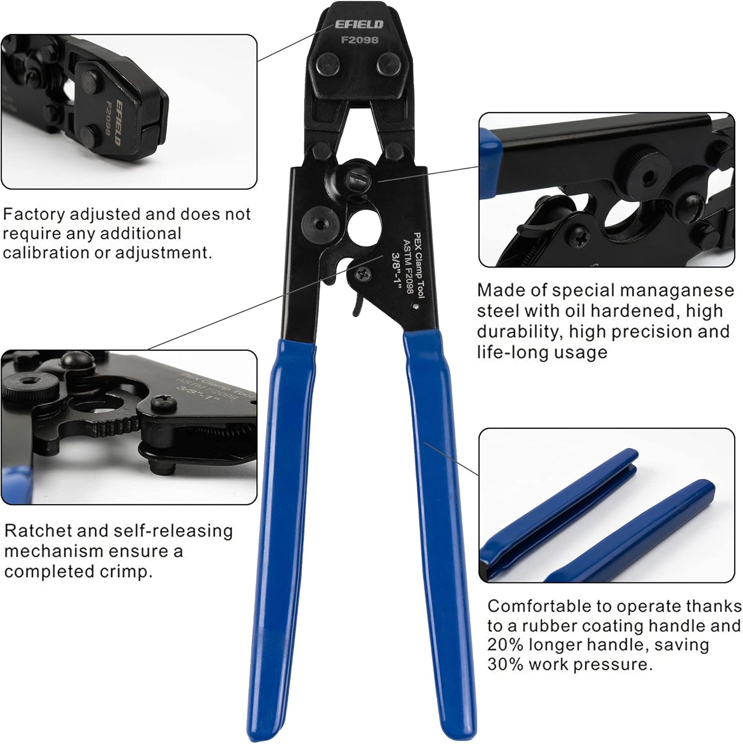 EFIELD Heavy-Duty Canvas Bag/Pex Cinch Clamp Crimping Tool for Stainless Steel Clamps from 3/8" to 1" with Pipe Cutter 20pcs 1/2"
