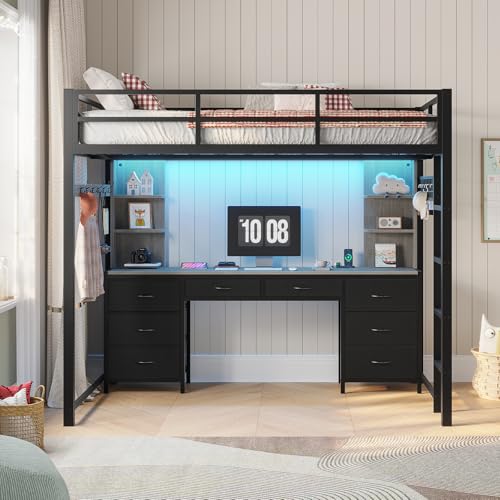 ADORNEVE Full Size Loft Bed with Desk and 8 Storage Drawers, Metal Loft Beds Full with LED Lights & Charging Sation