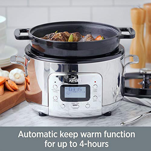 All-Clad 5 Quart 7-in-1 Electric Slow Cooker with Stainless Steel and Cast Iron, 1200W - Black Enamel Crock