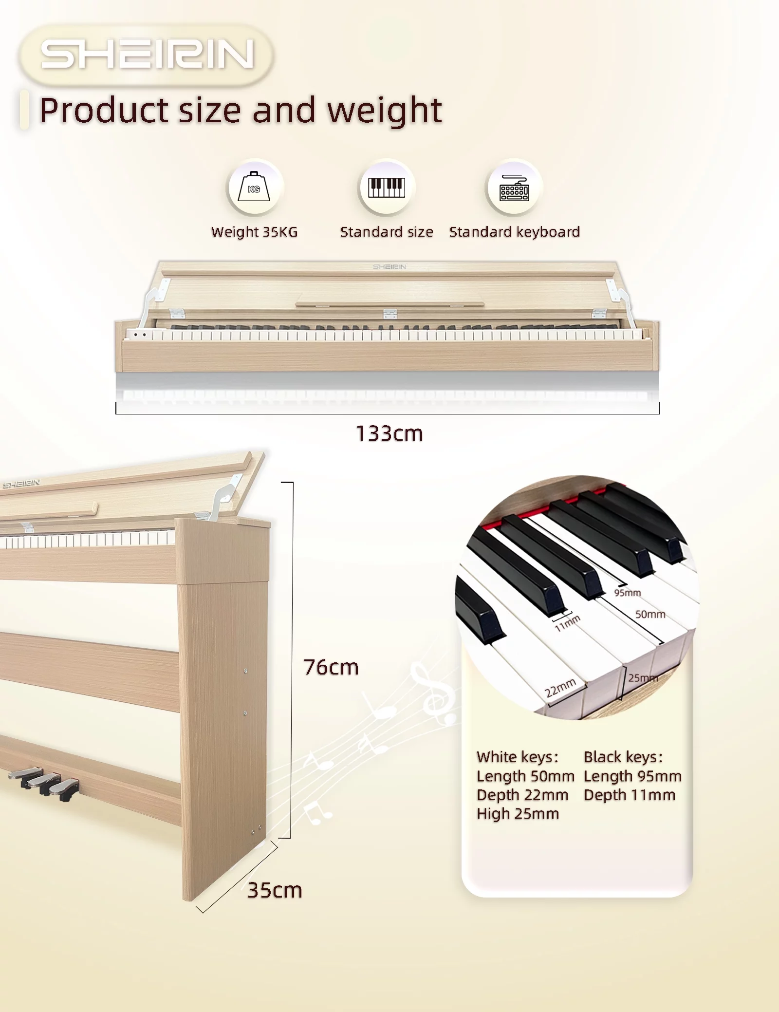 SHEIRIN Digital Piano 88 Key Weighted Stand Cover Hammer Electric Keyboard Pedal Beginner SR-CH80(Beige Color) - Radiant Selections