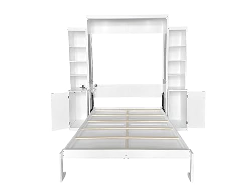 Queen Size Murphy Bed with Desk & Charging Station,Wall Bed Frame Folding into Cabinet Design w/LED & Storage Shelf for Small Space,Bedroom