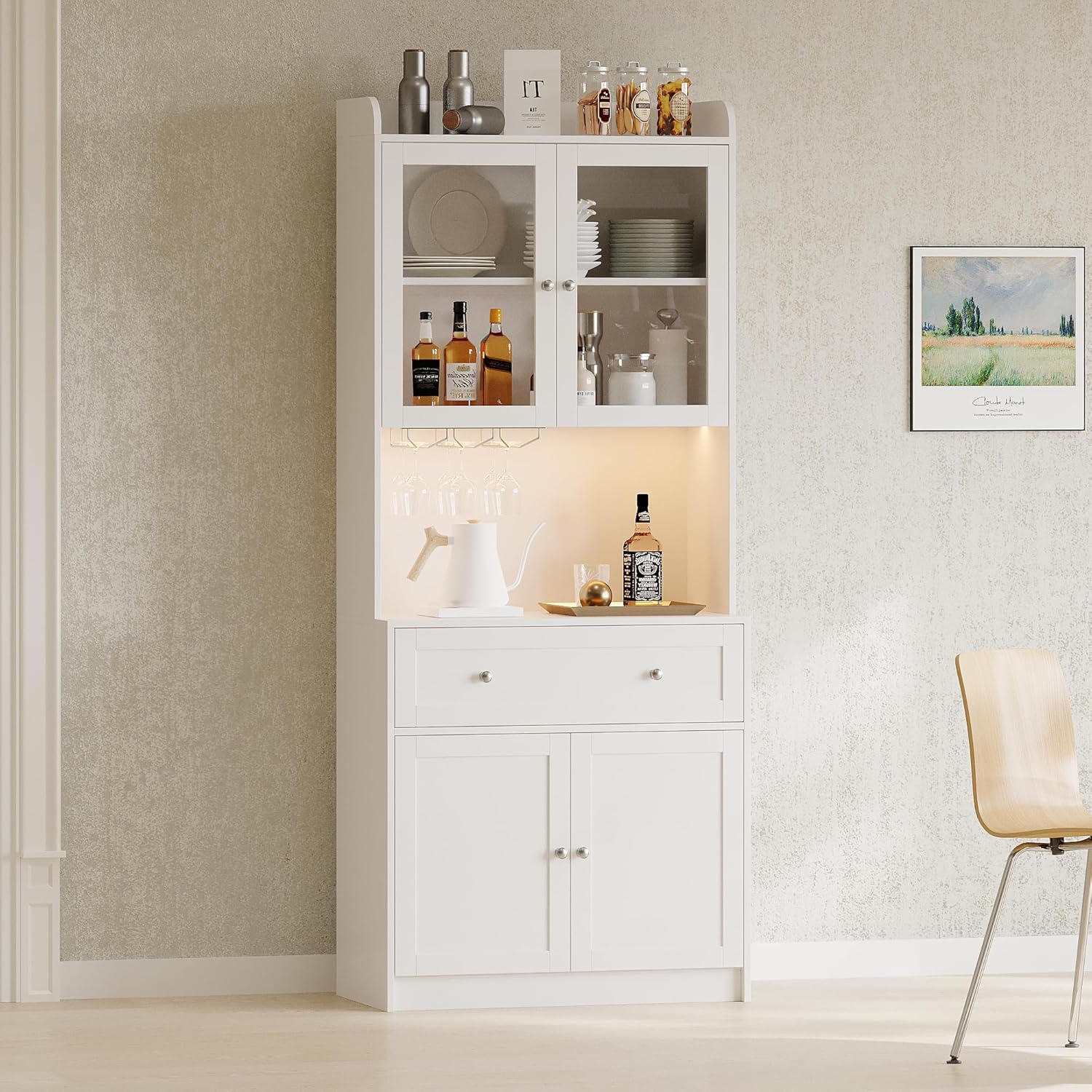 75.2" Pantry Cabinet Kitchen Cabinet with Buffet Cupboard, Kitchen Pantry Storage Cabinet with LED Lights Charging Station