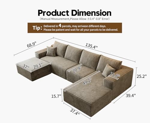 107.5" Cloud Modular Sectional Sofa with 1 Ottoman,Modern Minimalist Upholstered Couches, Comfort U Shaped Sofa for Living Room