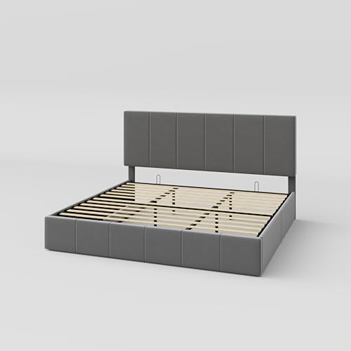 Allewie Queen Size Velvet Lift Up Storage Bed Frame, Vertical Channel Tufted Headboard, Hydrualic Underneath Storage, Upholstered Platform Bed