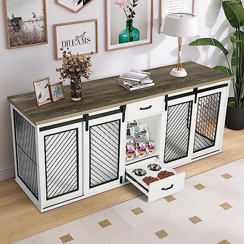 Large Dog Crate, Dog Crates for Medium Dogs, 47.2" Dog Kennel Indoor with Drawers, Feeder Bowls and Storage, 2 Sliding Doors