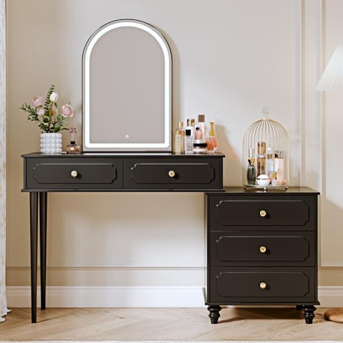 Black,Vanity Desk with Mirror and Lights,Makeup Vanity with Power Outlet and Adjustable Cabinet