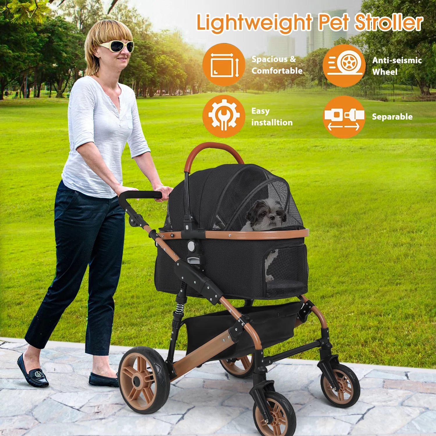 BestPet Pet Stroller Premium 3-in-1 Multifunction 4 wheels Dog Cat Stroller for Large Medium Dogs Cats Aluminium Frame Folding Lightweight Travel