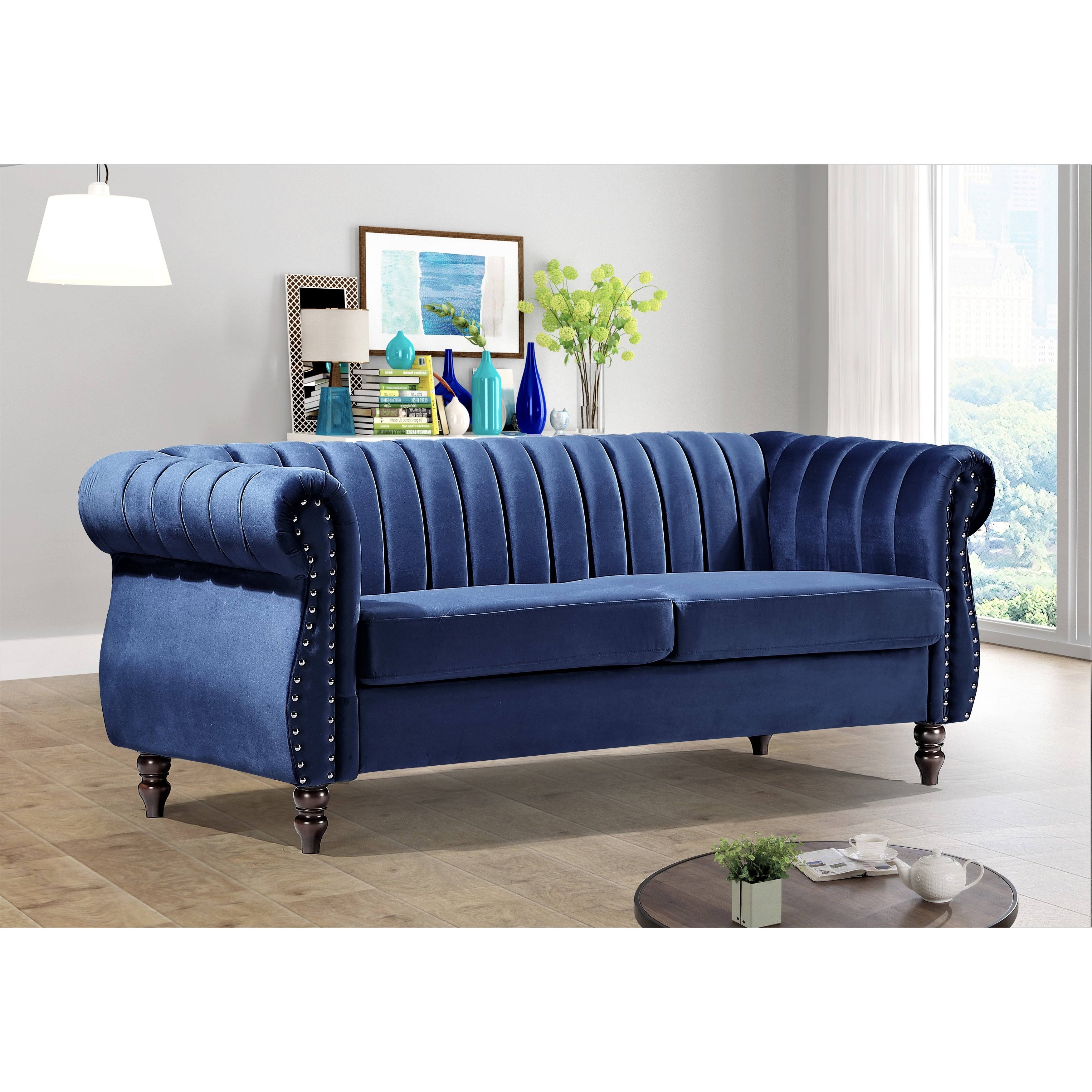 Charlot Velvet Chesterfield Rolled Arm Sofa - Dark Blue