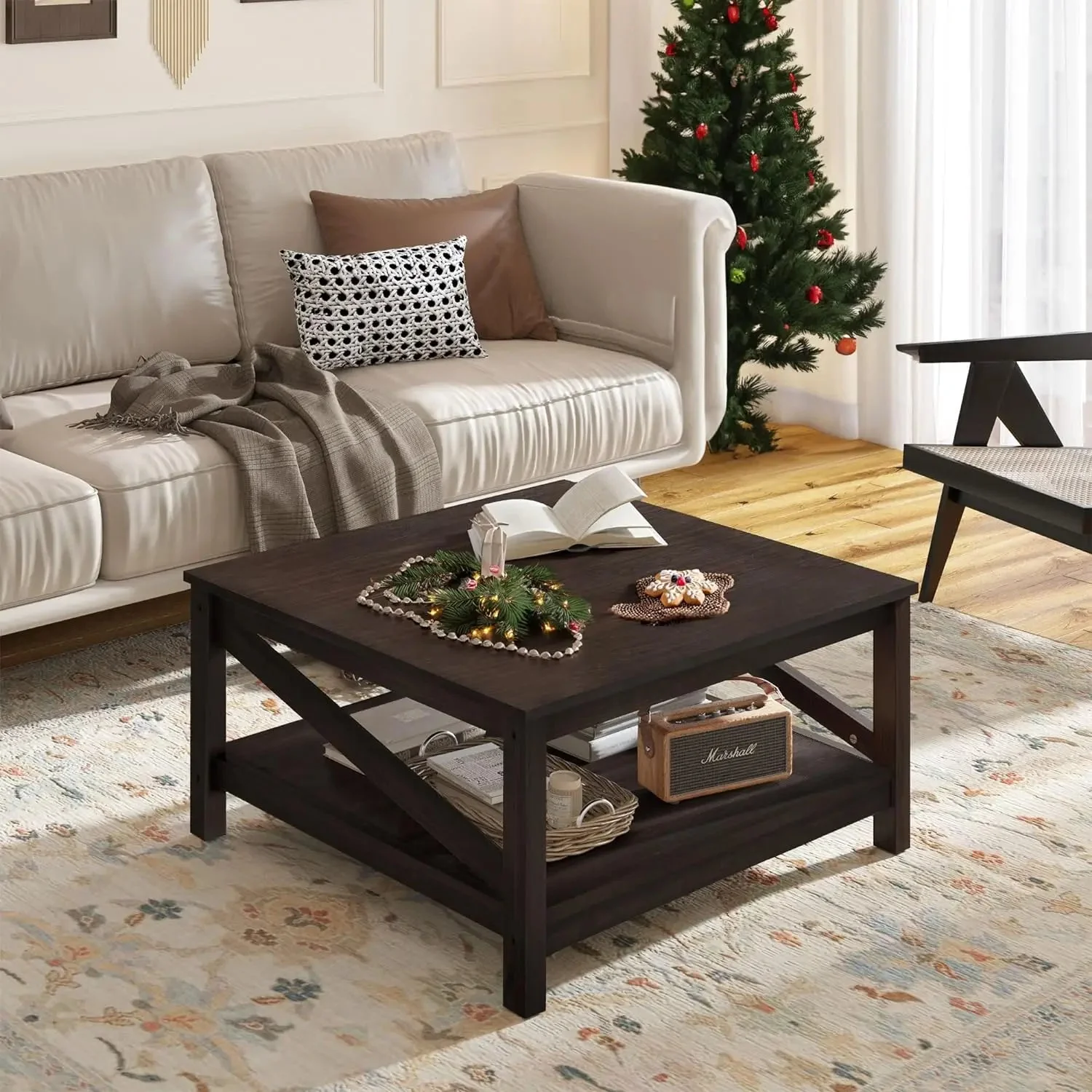 Wood Living Room Table Industrial Small Farmhouse Cocktail Table Coffee Tables for Living Room Furniture Espresso Serving Center