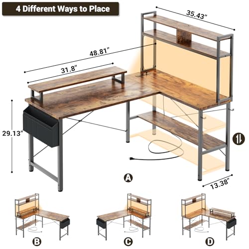 Aheaplus L Shaped Gaming Desk with Power Outlets & LED Lights, Small L- Shaped Desk Computer Corner Desk with Monitor Stand & Storage Shelf