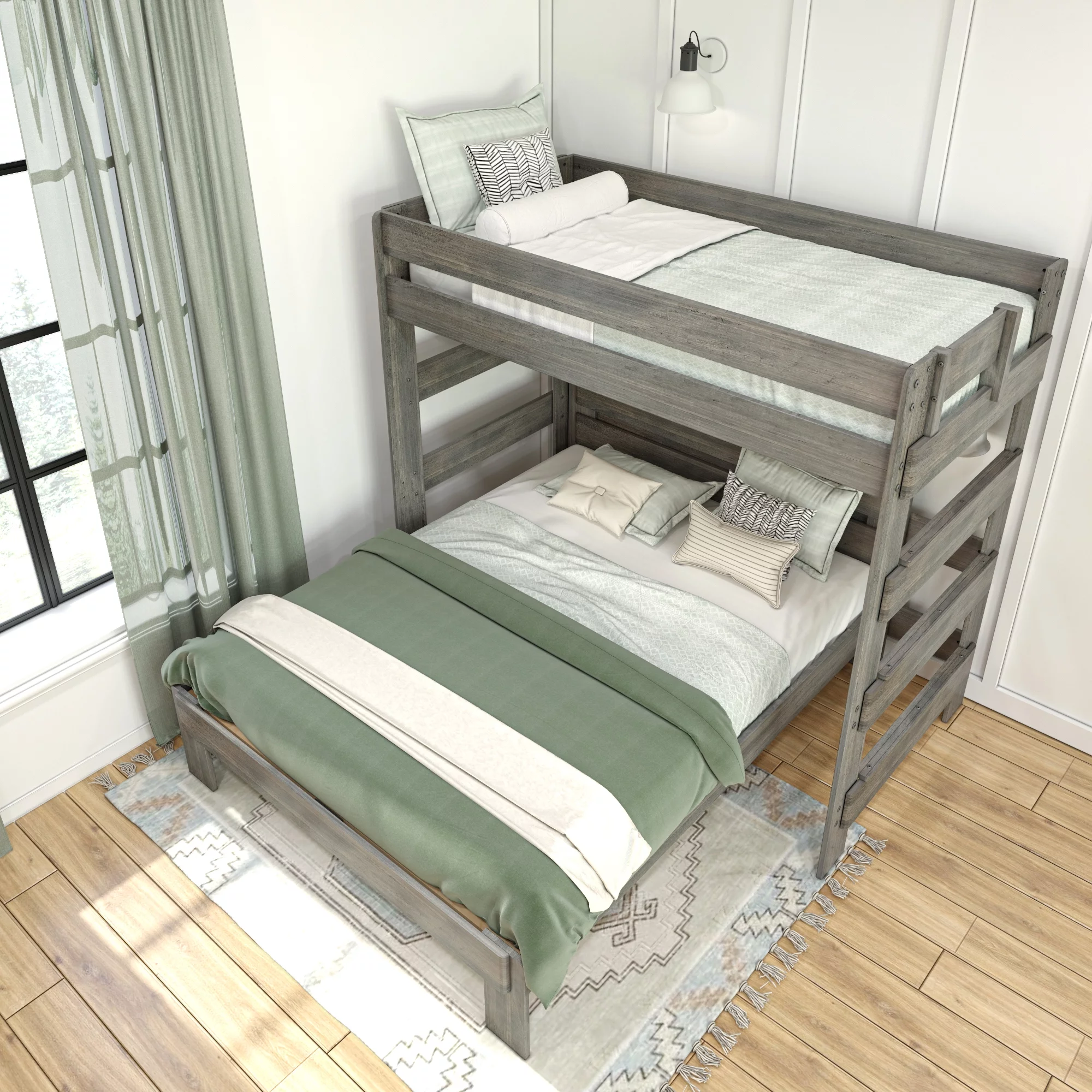 Max & Lily Solid Wood Loft Bed, Modern Farmhouse L-Shaped Twin over Queen Bed Frame for Kids, Driftwood