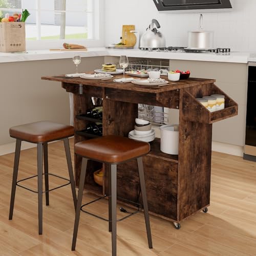 Rolling Kitchen Island with Drop Leaf & Power Outlet, Microwave Cart with Storage Cabinet, Drawer, Wine & Cup Holder, Spice & Towel Rack