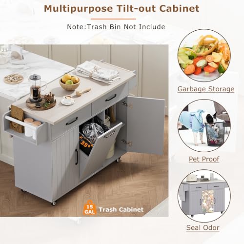 Farmhouse Kitchen Island with Power Outlet, Drop Leaf, Spice Rack and Drawer,Rolling Kitchen Cart on Wheels