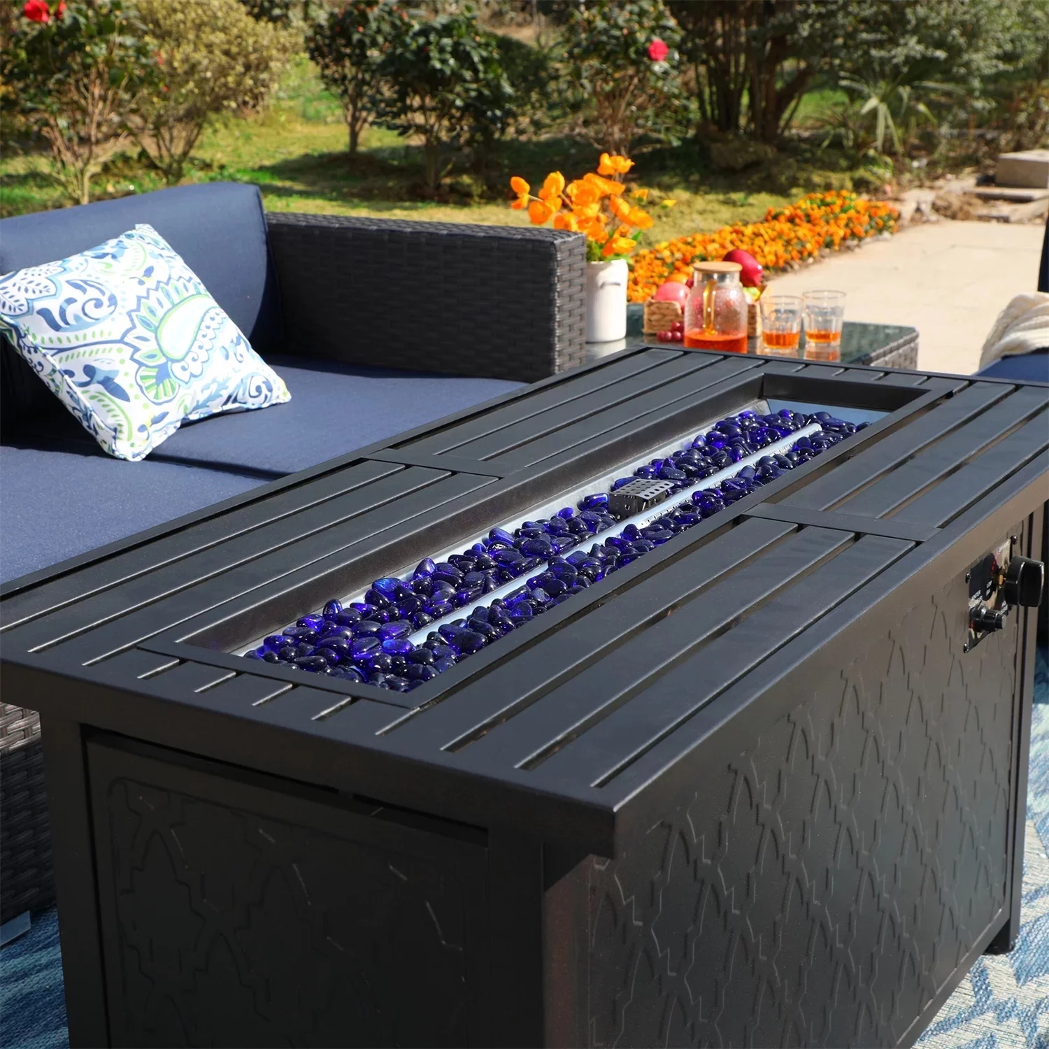 MF Studio 13 Pieces Outdoor Patio Furniture Set with 45-Inch Fire Pit Table Wicker Patio Conversation Set, Navy Blue