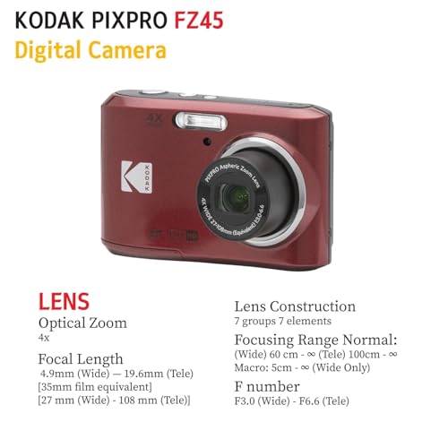 KODAK PIXPRO FZ45 16MP Digital Camera with 4X Optical Zoom 27mm Wide Angle and 2.7" LCD Screen Bundle with 32GB SD Memory Card, AA Batteries (4 Pack)
