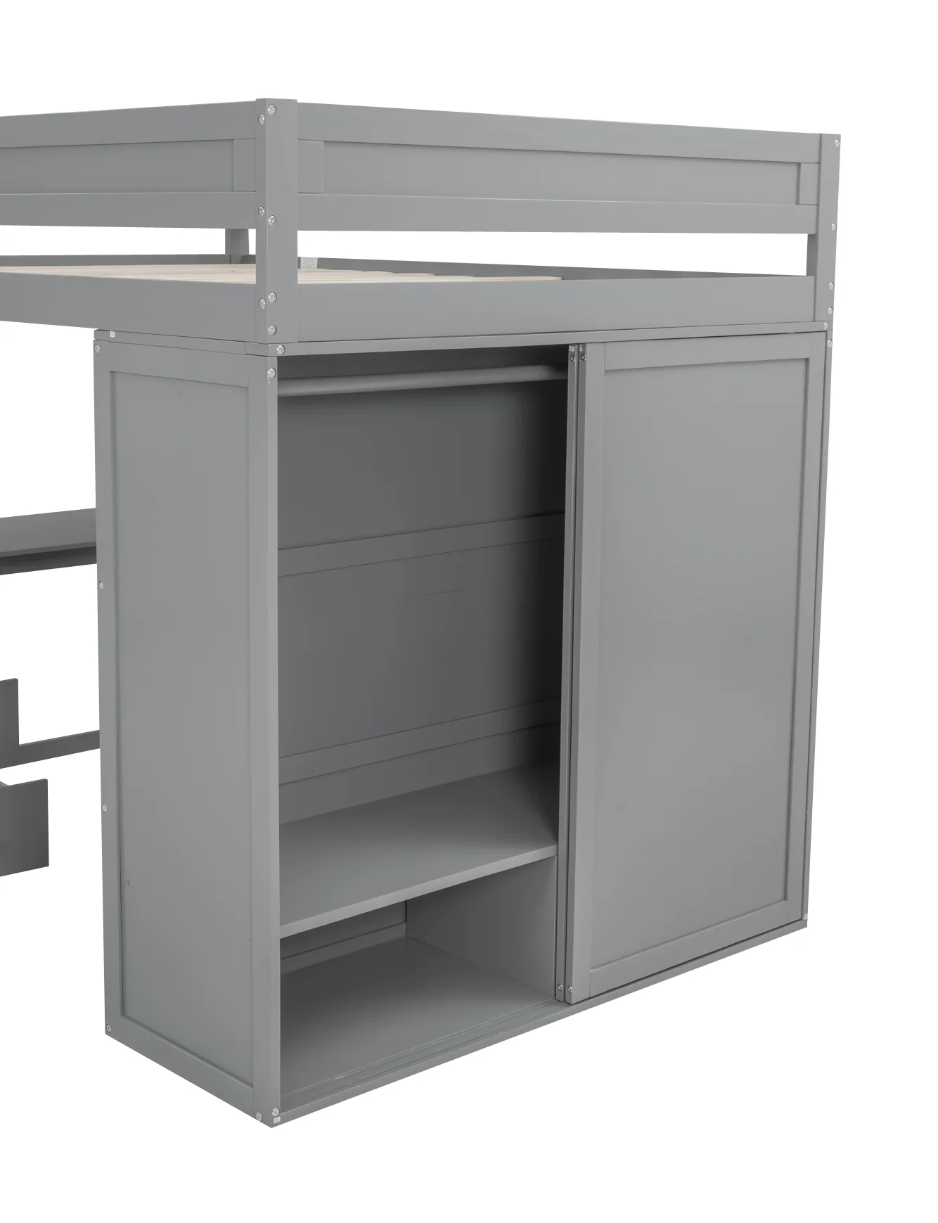 EUROCO Wood Full Size Loft Bed, Storage Desk and Drawers, Wardrobe with Clothes Hanger and Sliding Door for Living Room, Gray - Radiant Selections
