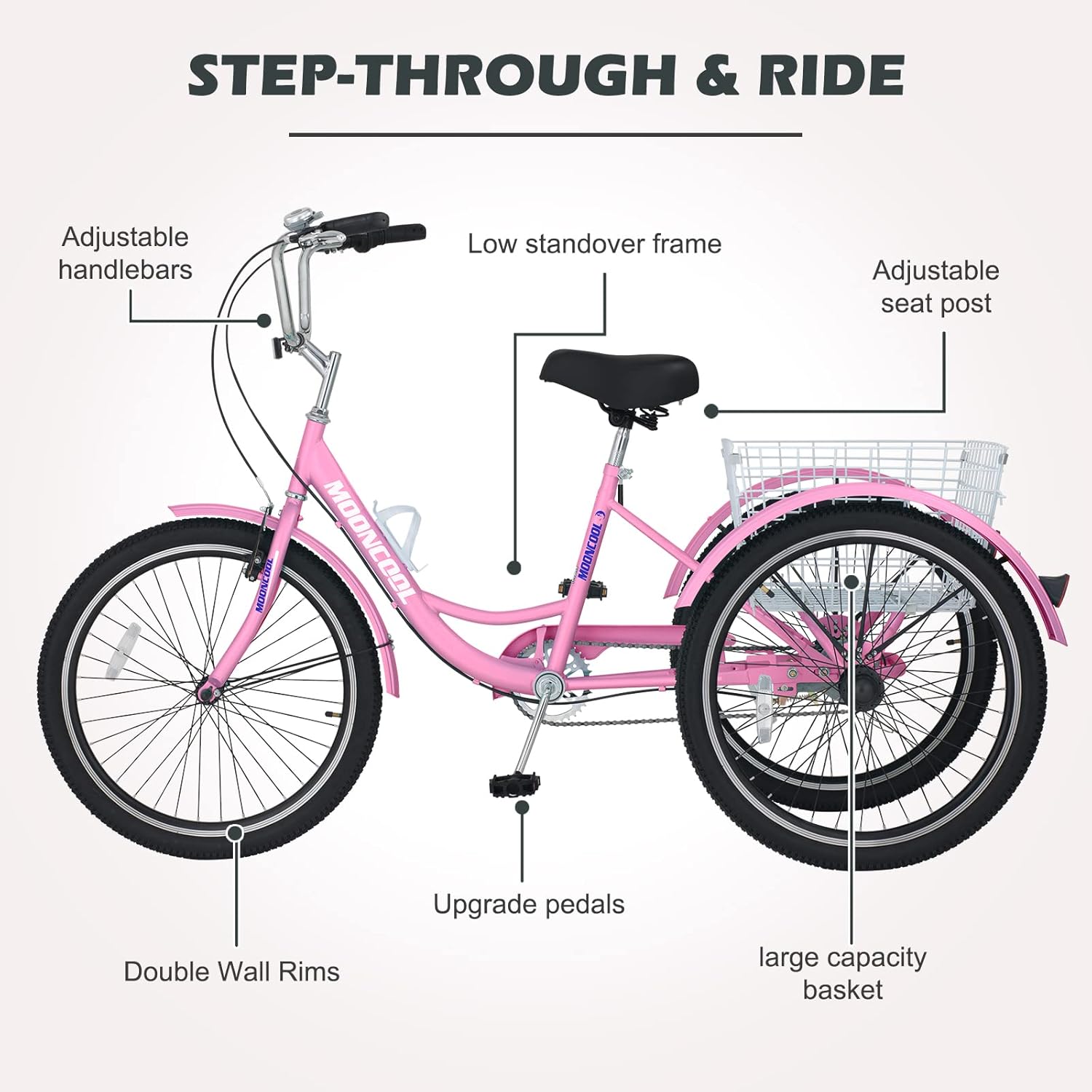 24 Inch Adult Tricycles, Single Speed Adult Trikes 3 Wheel Bikes