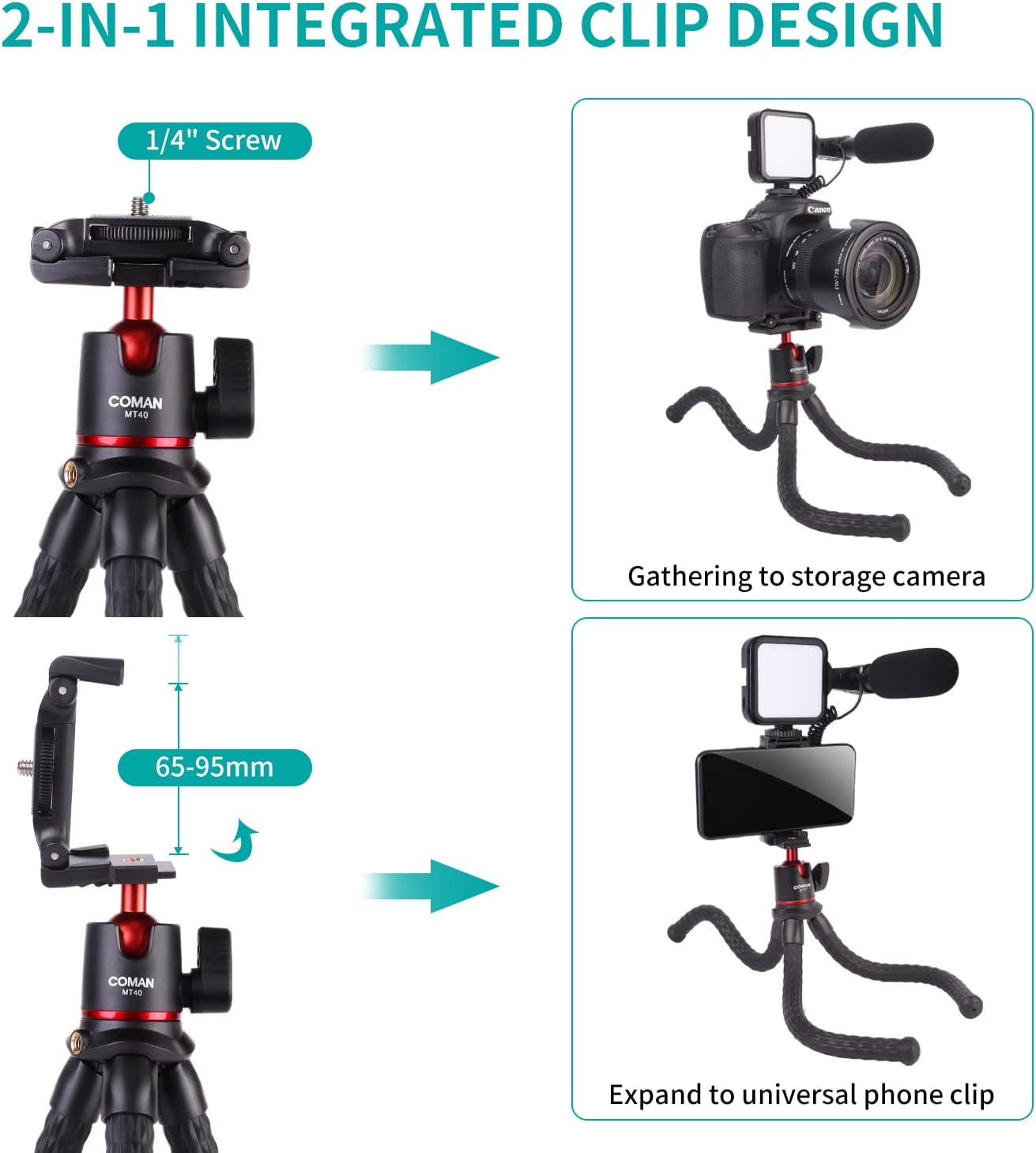 YouTube Starter Vlog Kit,COMAN Vlogging Kit Smartphone Camera 2-in-1 Tripod Stand+Microphone Light Kit