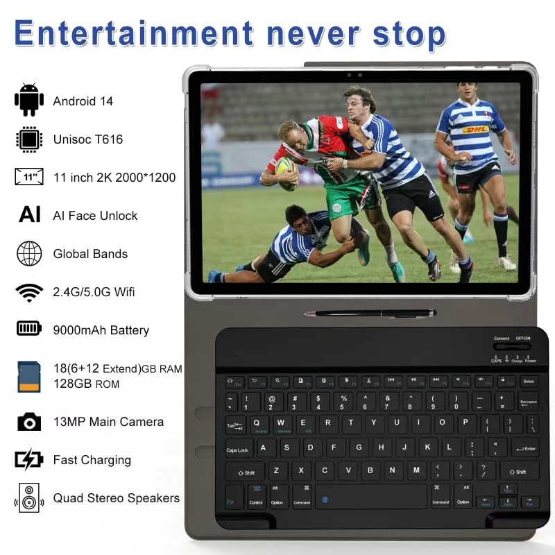2025 Latest 11 inch Tablet Android 14 2000 * 1200 2K Display 2 in 1 Tablets, T616, 18GB RAM+128GB ROM+1TB Expand, 5+5+13MP Camera, 9000mAh