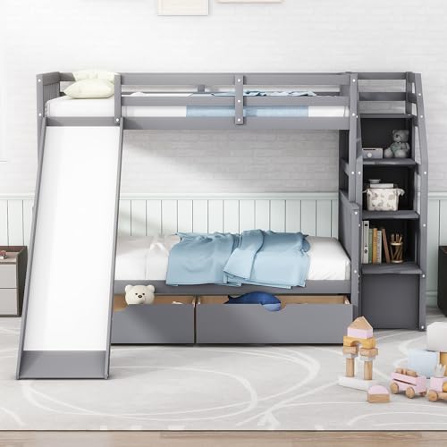 Harper & Bright Designs Bunk Beds Twin Over Full Size, Bunk Bed with Trundle,Storage Shelf and Stairway