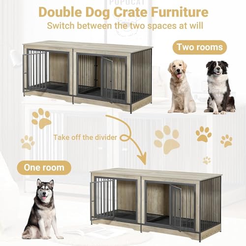 Rovibek 86" Stackable Dog Kennel Furniture with Removable Divider & 3 Doors, Double Dog Crates Furniture for 2 Dogs, Corner Dog Crate Furniture