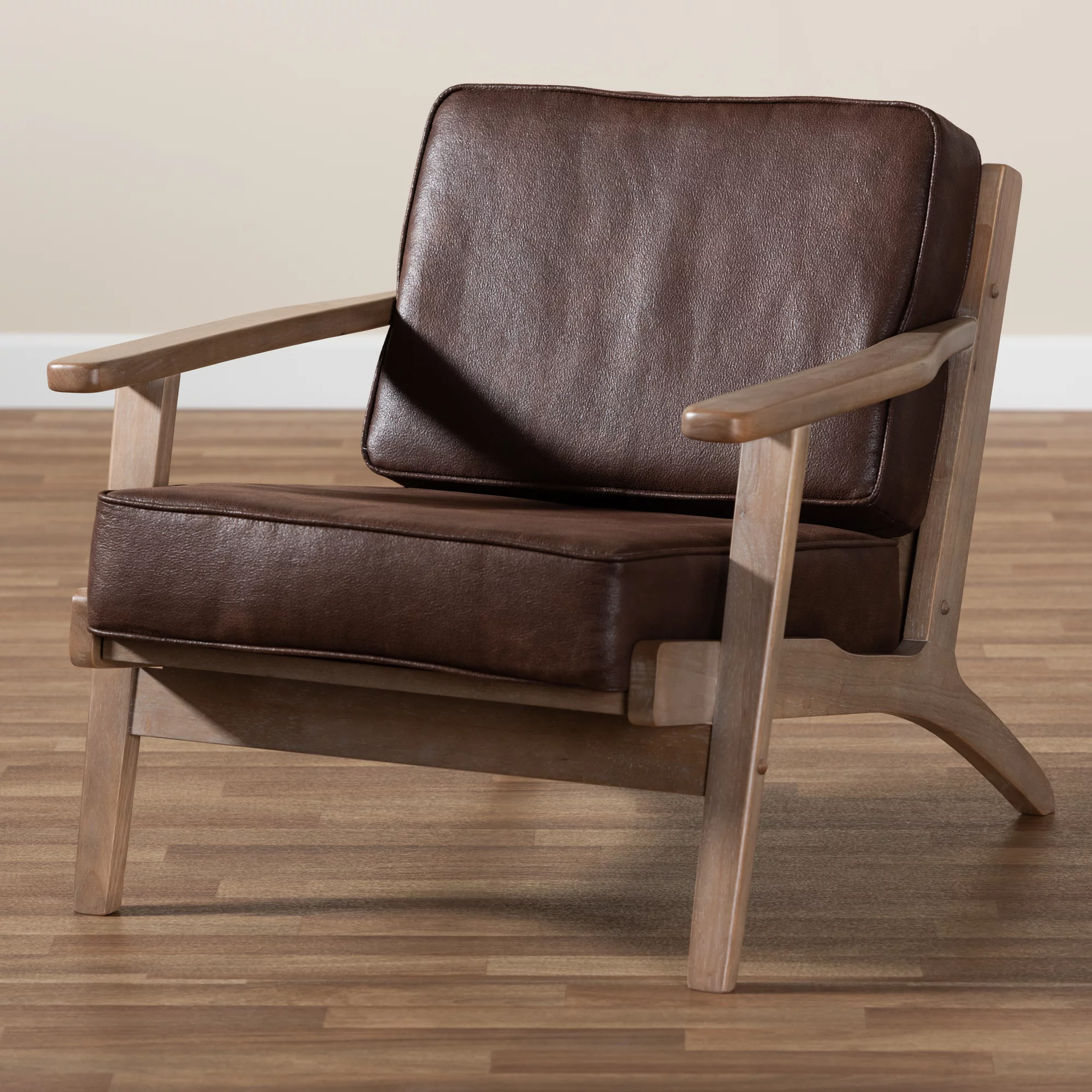 Baxton Studio Sigrid Mid-Century Modern Dark Brown Faux Leather Effect Fabric Upholstered Antique Oak Finished Wood Armchair