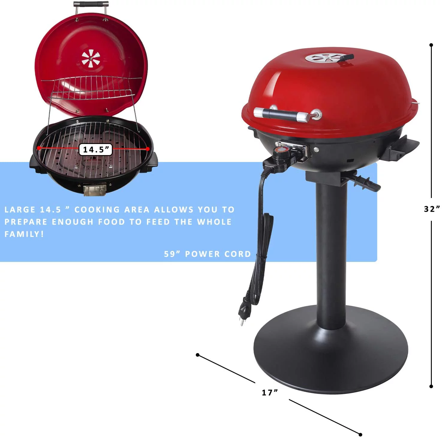 Homewell 15" Electric BBQ Grill with Removable Stand 1600W