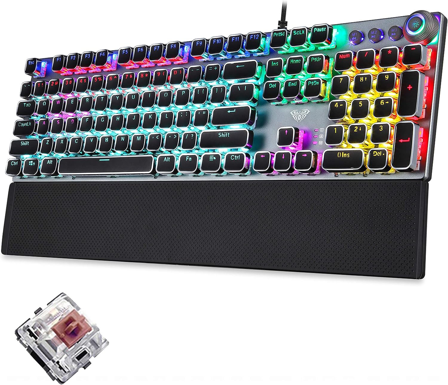 Mechanical Gaming Keyboard,Blue Switches,USB Wired,Retro Steampunk Typewriter Round Keycaps,Metal Panel,Moveable Wrist Rest,for Game and Office