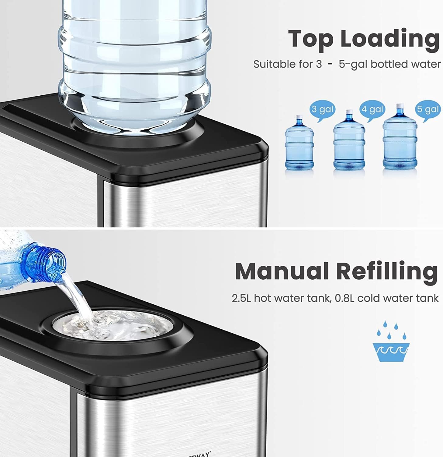 COSTWAY Water Dispenser with Ice Maker, Hold 3-5 Gallon Bottle, 3-in-1 Countertop Top-Loading Hot Cold Water Cooler Machine for Home Office