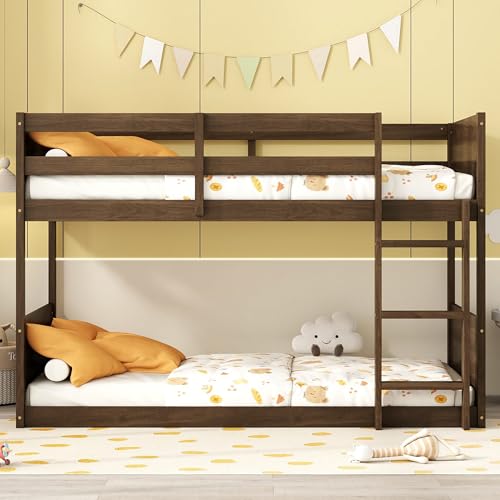 Bunk Bed Twin Over Twin, Wood Low Profile Floor Twin Bunk Beds with Ladder Guardrails for Kids Boys and Girls, No Box Spring Needed