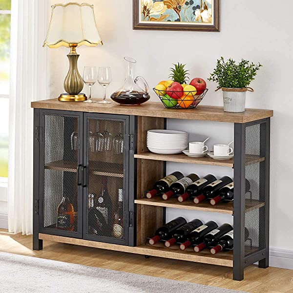 BON AUGURE Industrial Bar Cabinet for Liquor and Glasses, Rustic Wood and Metal Wine Rack Table, &nbsp;Accent Sideboard Buffet with Doors (47 Inch